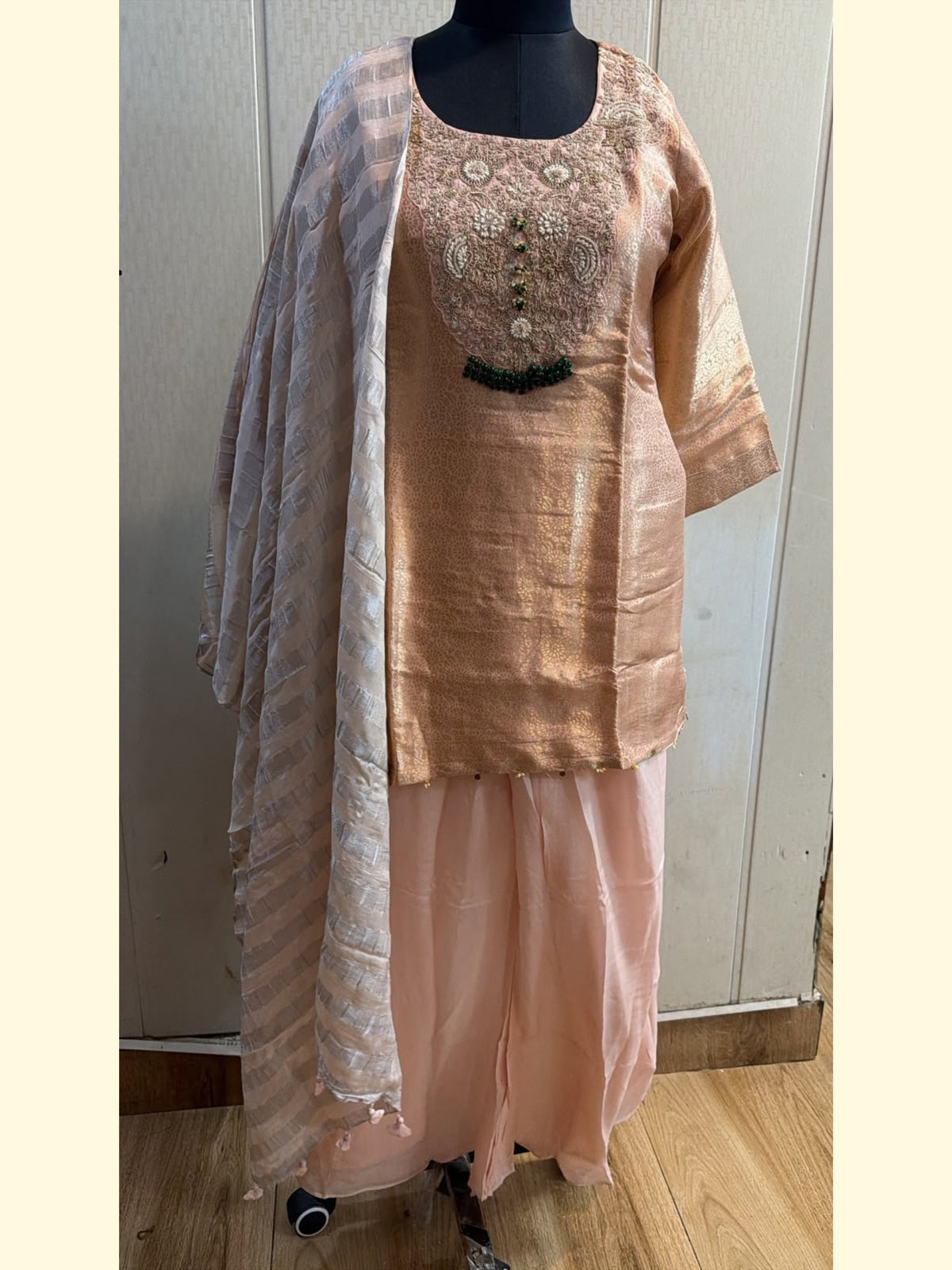 Champagne Gold Brocade Kurta with Pleated Palazzo and Dupatta