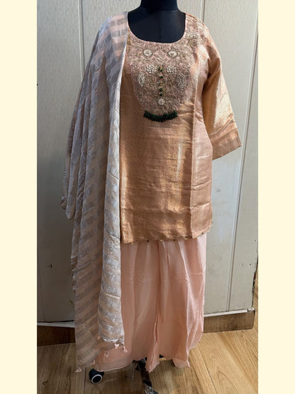 Champagne Gold Brocade Kurta with Pleated Palazzo and Dupatta