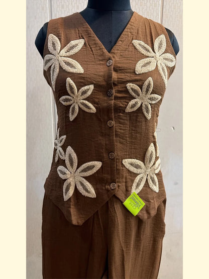 Mocha Brown Floral Applique Waistcoat Co-Ord Set