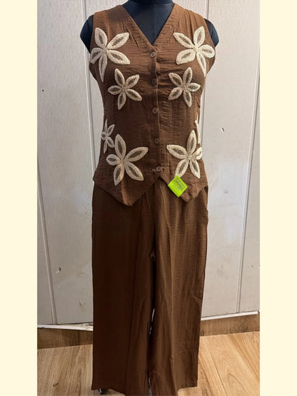 Mocha Brown Floral Applique Waistcoat Co-Ord Set