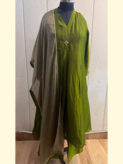 Olive Green Silk Blend Embroidered Suit Set with Dupatta