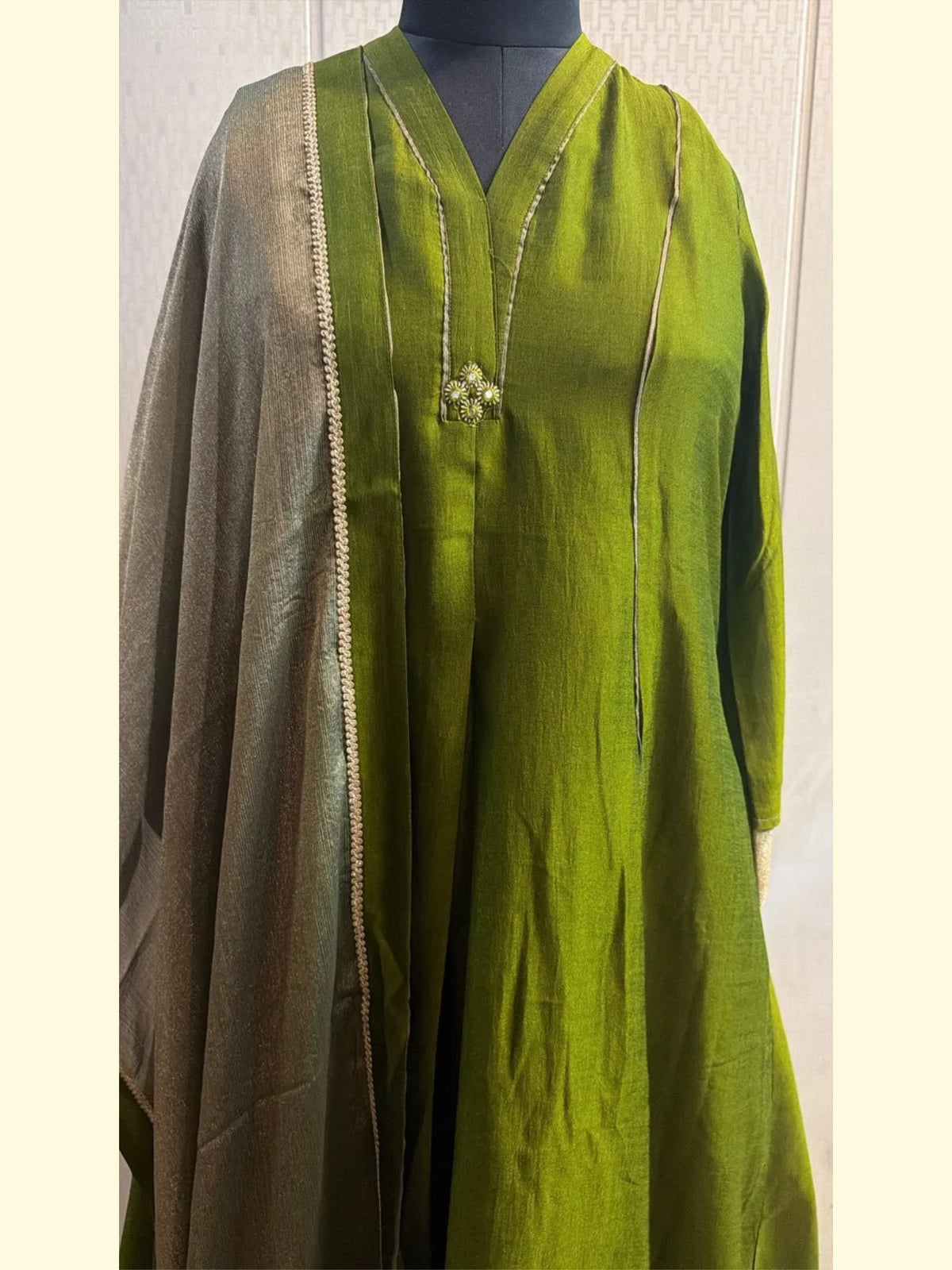 Olive Green Silk Blend Embroidered Suit Set with Dupatta