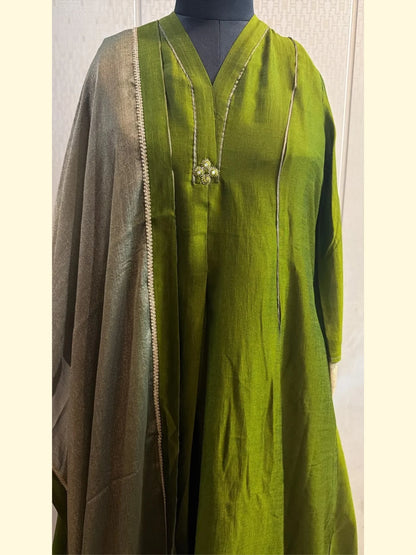 Olive Green Silk Blend Embroidered Suit Set with Dupatta