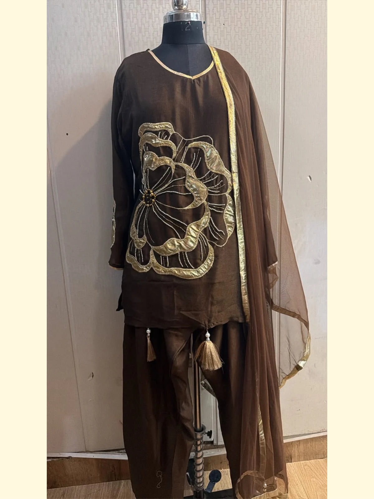 Chocolate Brown Floral Embroidered Kurta Pant Set with Dupatta