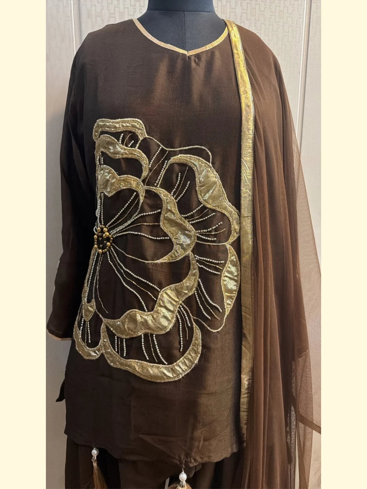 Chocolate Brown Floral Embroidered Kurta Pant Set with Dupatta