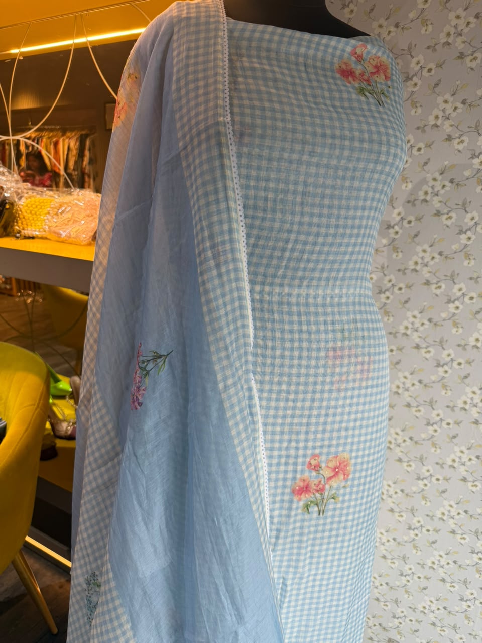 Pure Mul Cotton Check Print Suit Set