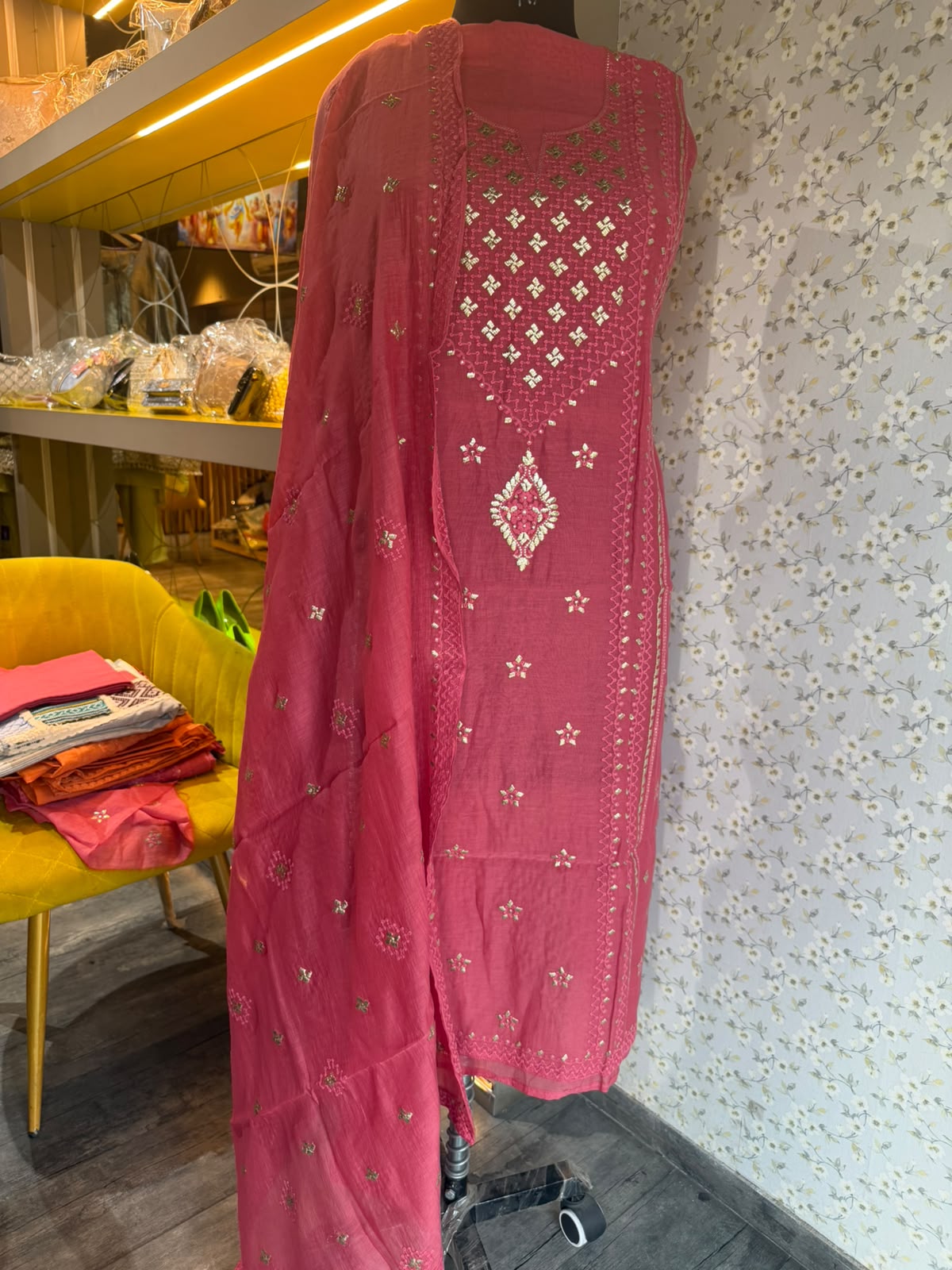 Chikankari Embroidered Unstitched Suit Set on Mul Chanderi