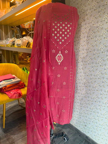 Chikankari Embroidered Unstitched Suit Set on Mul Chanderi