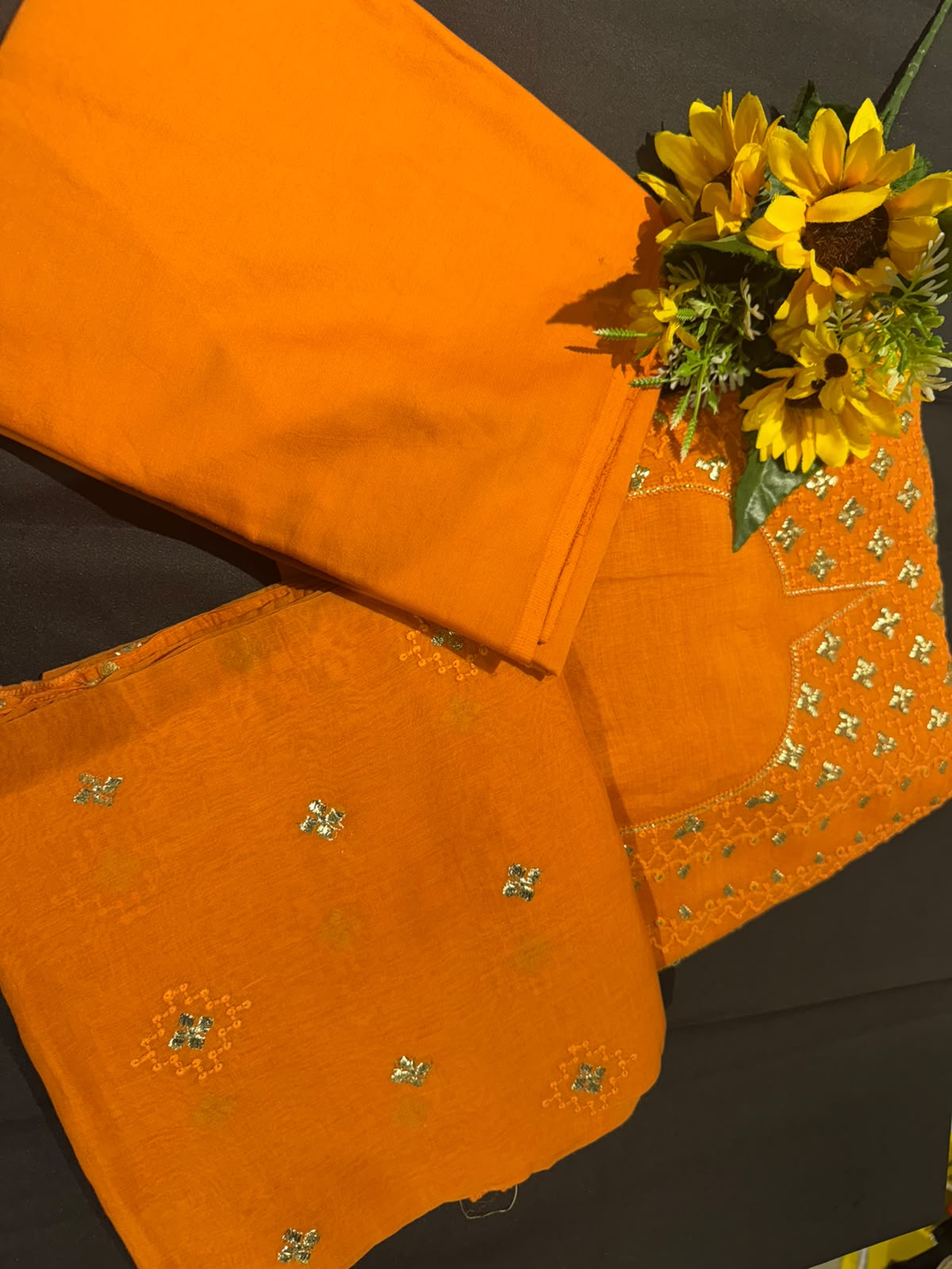 Chikankari Embroidered Unstitched Suit Set on Mul Chanderi