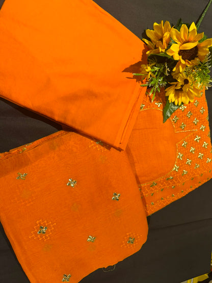 Chikankari Embroidered Unstitched Suit Set on Mul Chanderi