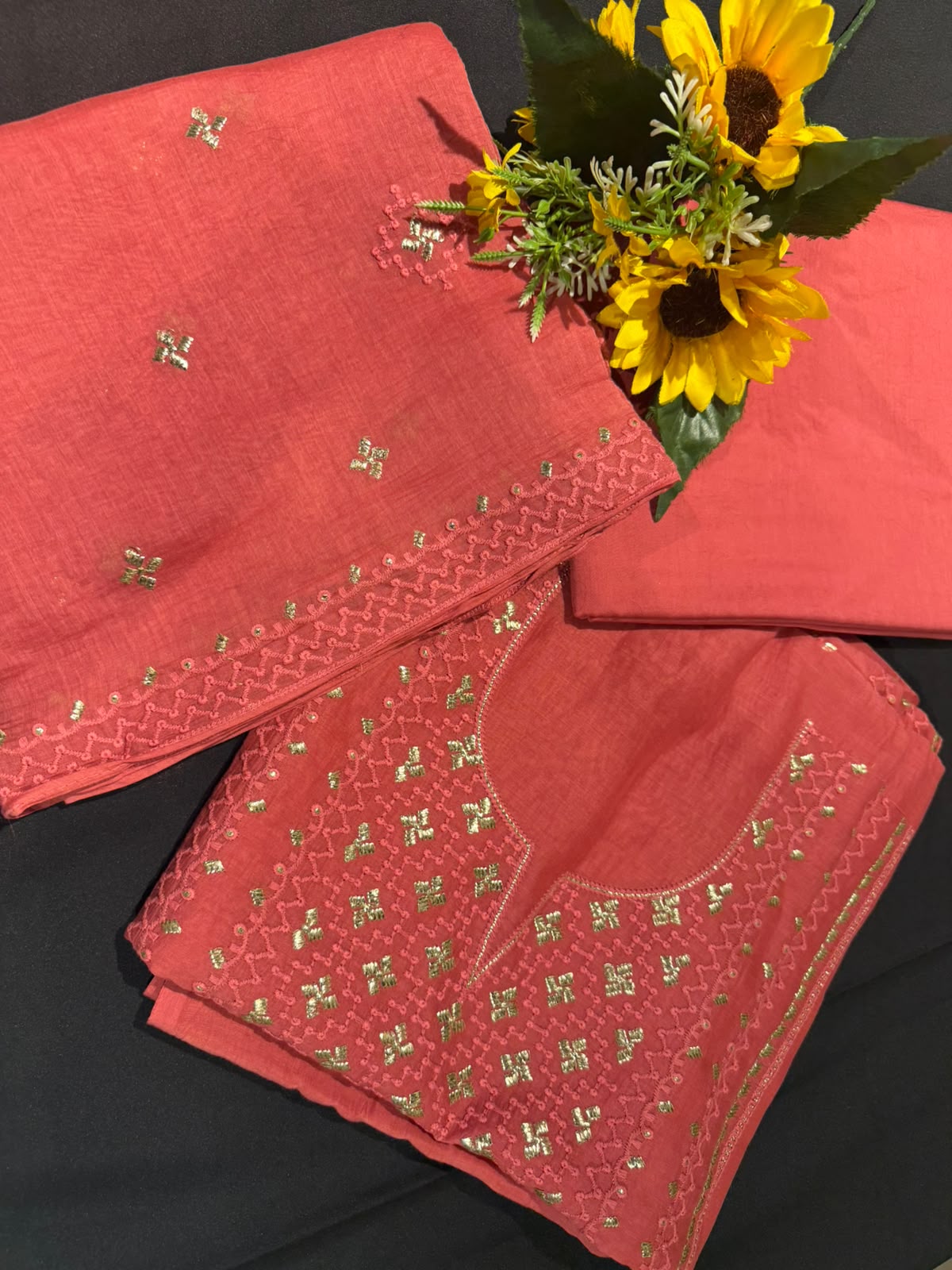 Chikankari Embroidered Unstitched Suit Set on Mul Chanderi