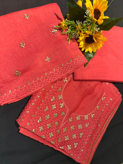 Chikankari Embroidered Unstitched Suit Set on Mul Chanderi