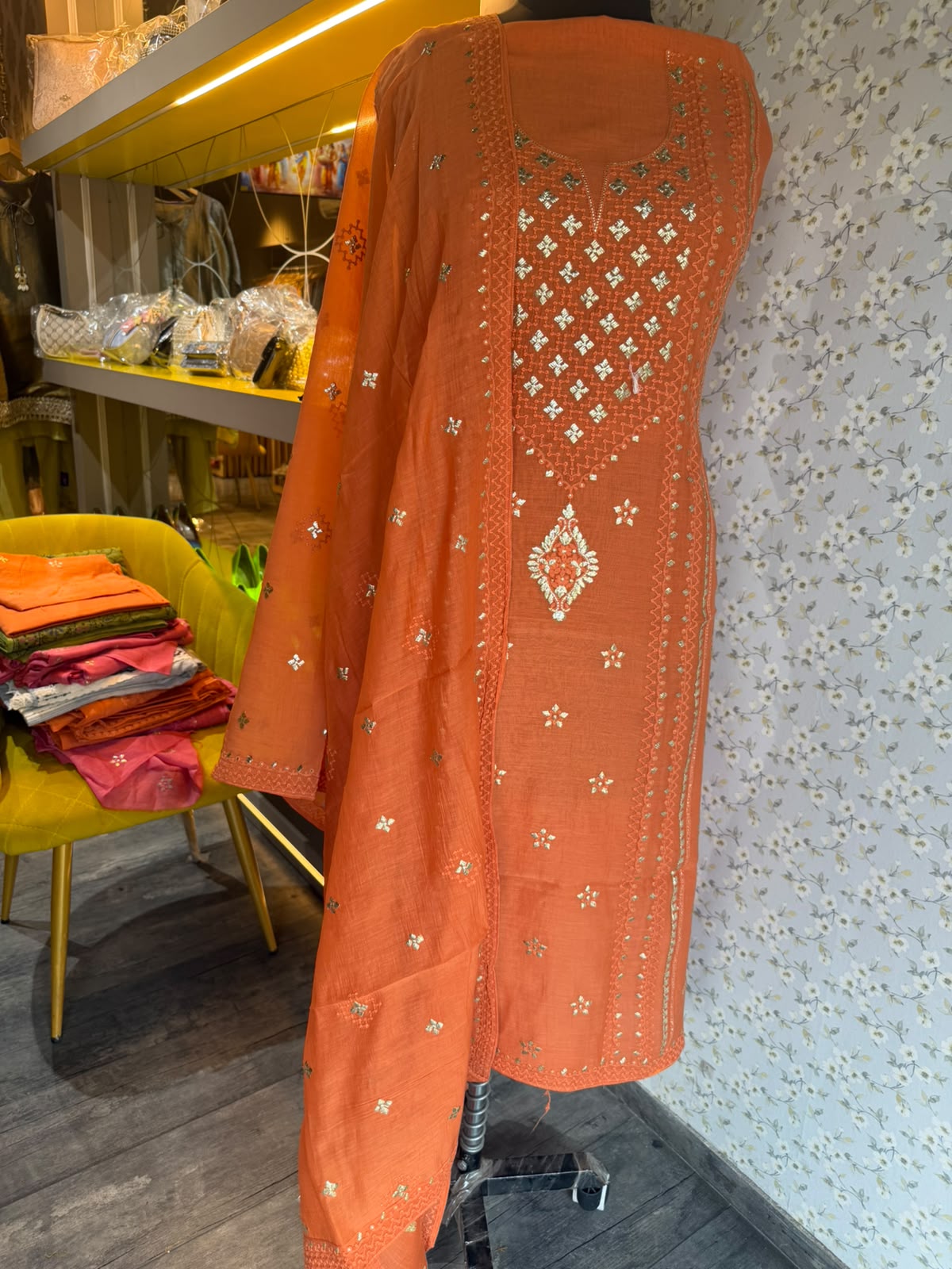 Chikankari Embroidered Unstitched Suit Set on Mul Chanderi
