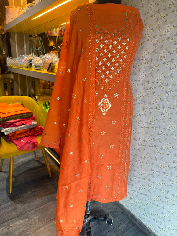 Chikankari Embroidered Unstitched Suit Set on Mul Chanderi
