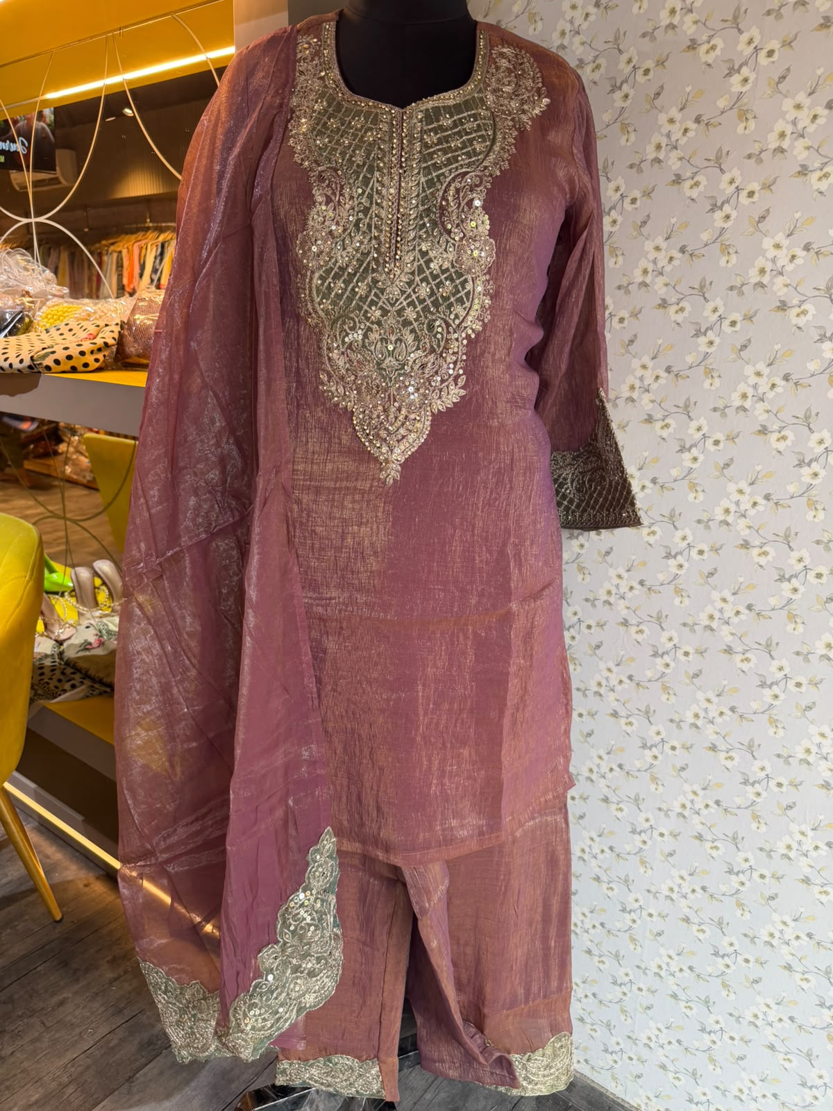 Crush Tissue Embroidered Suit Set with Wine & Green Detailing