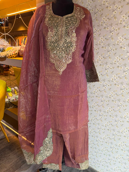 Crush Tissue Embroidered Suit Set with Wine & Green Detailing