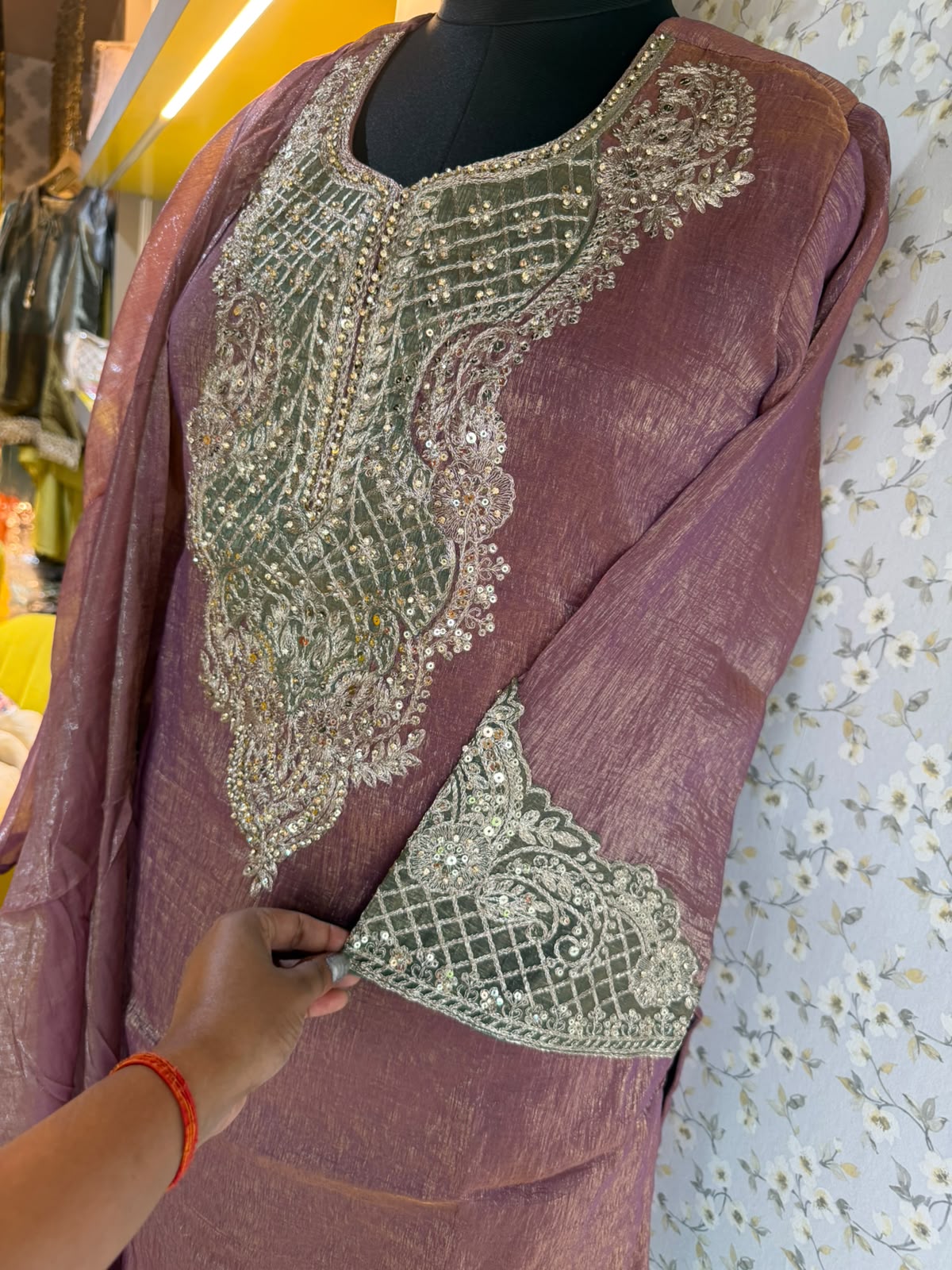 Crush Tissue Embroidered Suit Set with Wine & Green Detailing