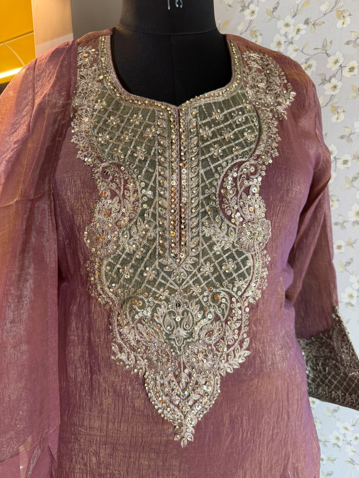 Crush Tissue Embroidered Suit Set with Wine & Green Detailing