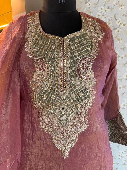 Crush Tissue Embroidered Suit Set with Wine & Green Detailing
