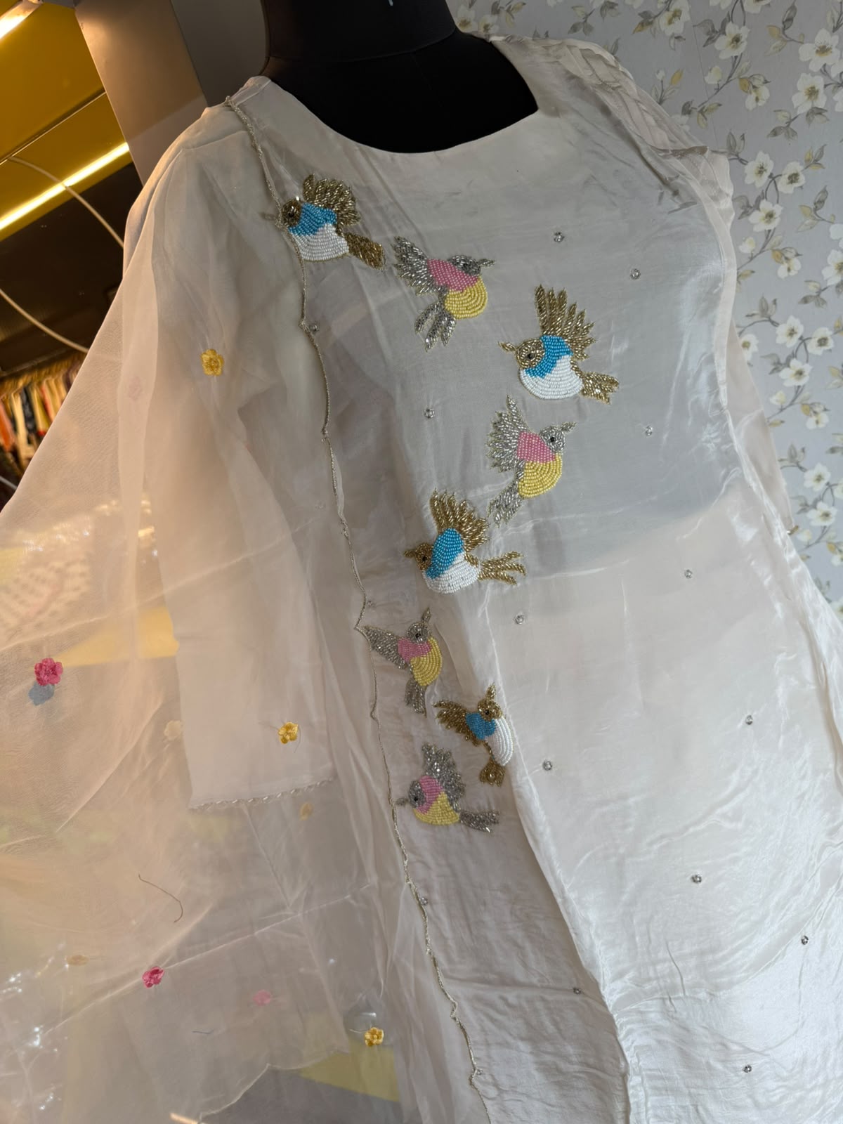 Stitched Crepe Suit with Hand-Embroidered Organza Dupatta