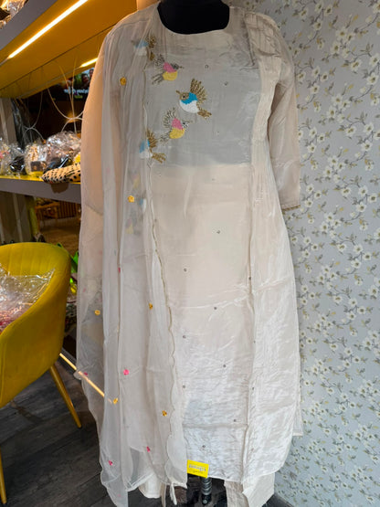 Stitched Crepe Suit with Hand-Embroidered Organza Dupatta