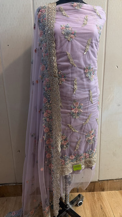 Lavender Floral Embroidered Net Suit with Dupatta