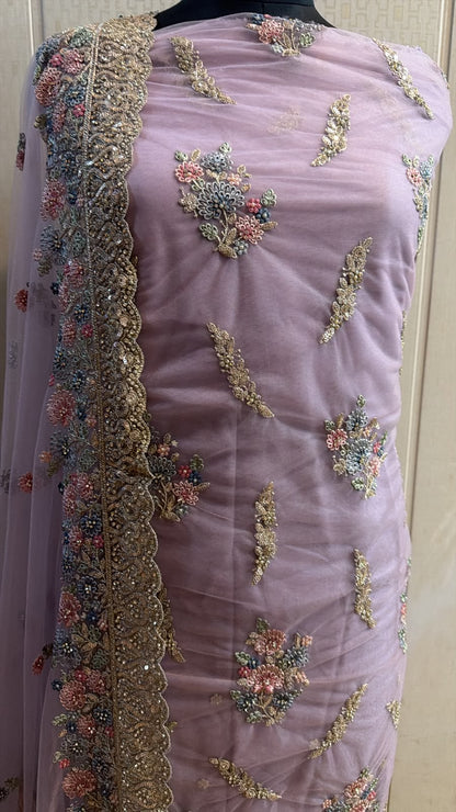 Lavender Floral Embroidered Net Suit with Dupatta