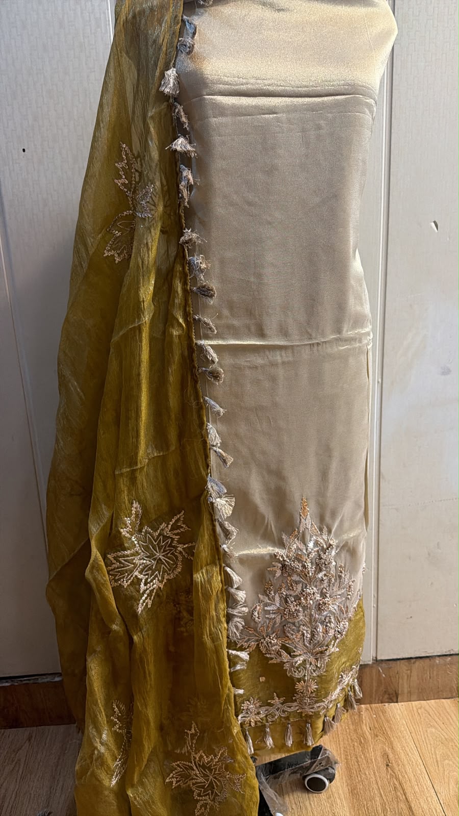Champagne Beige Embroidered Suit with Olive Dupatta
