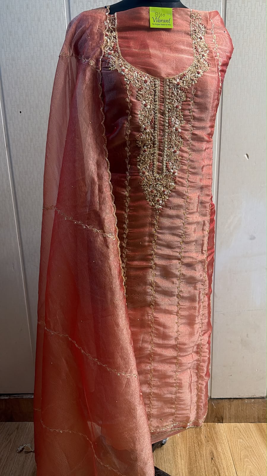 Coral Peach Embroidered Suit with Dupatta