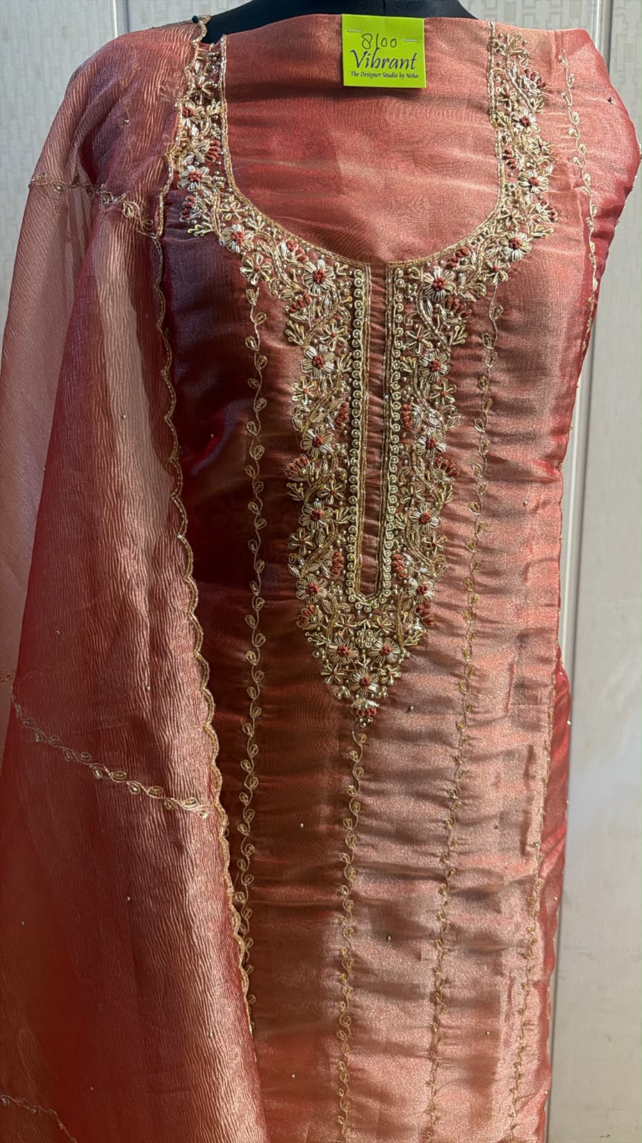 Coral Peach Embroidered Suit with Dupatta