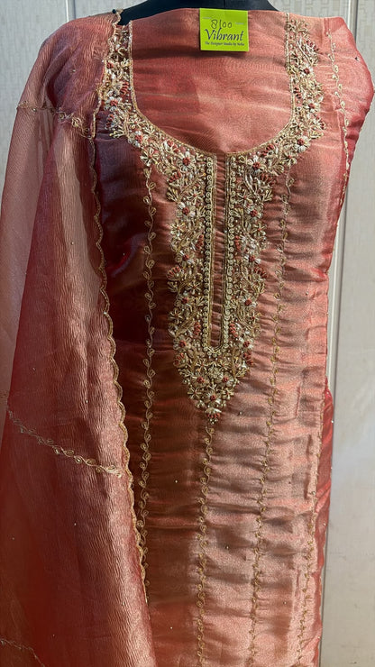 Coral Peach Embroidered Suit with Dupatta