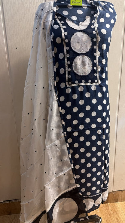 Navy Blue Polka Dot Embroidered Suit with Dupatta
