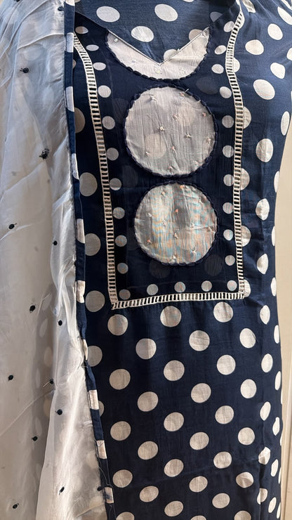 Navy Blue Polka Dot Embroidered Suit with Dupatta