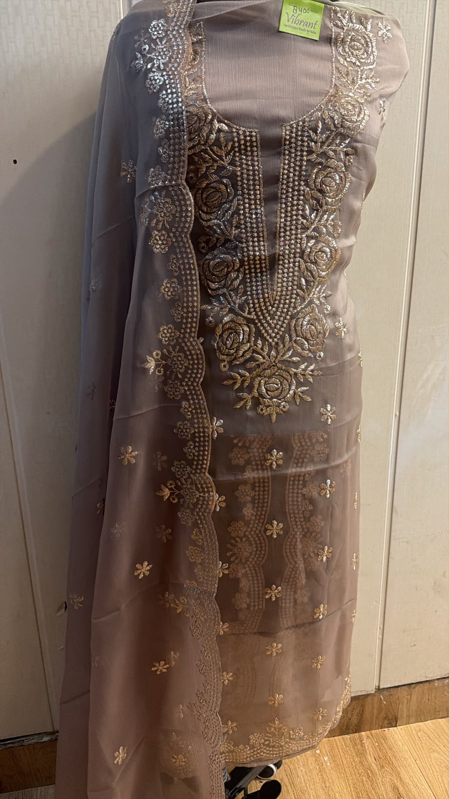 Taupe Grey Rose Embroidered Suit with Dupatta