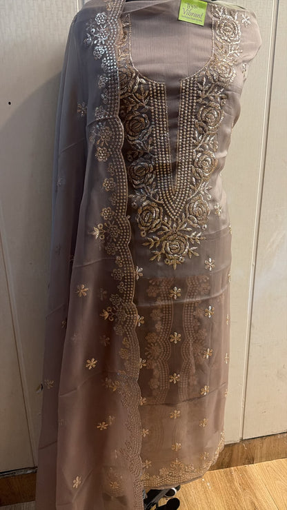 Taupe Grey Rose Embroidered Suit with Dupatta