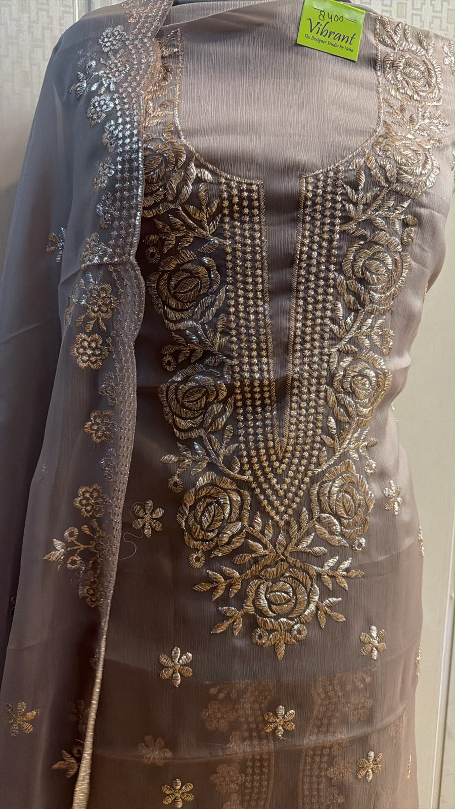 Taupe Grey Rose Embroidered Suit with Dupatta