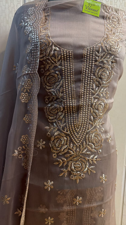 Taupe Grey Rose Embroidered Suit with Dupatta
