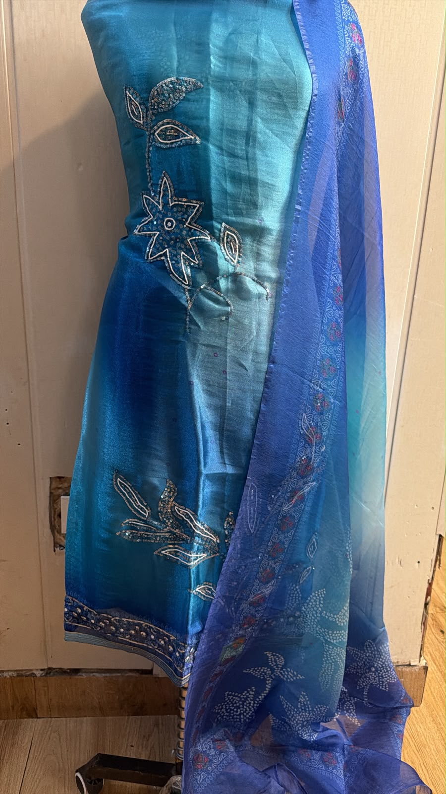 Turquoise Blue Embroidered Suit with Printed Dupatta