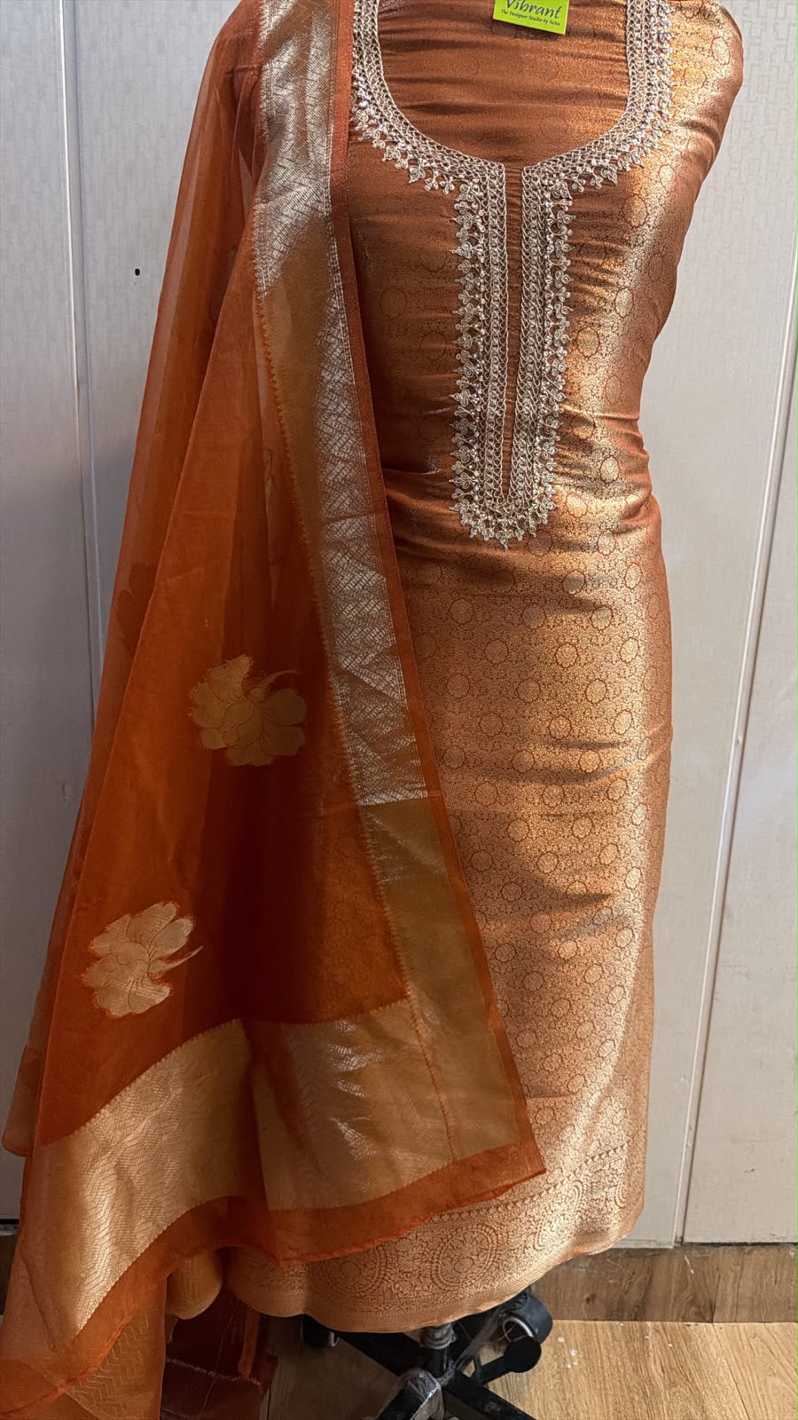 Copper Bronze Brocade Kurta Pant Set with Organza Dupatta