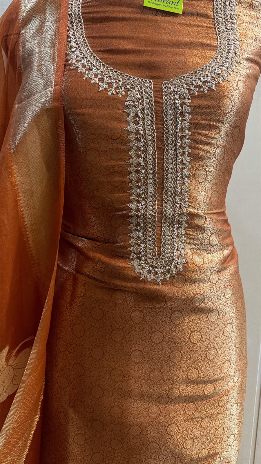 Copper Bronze Brocade Kurta Pant Set with Organza Dupatta
