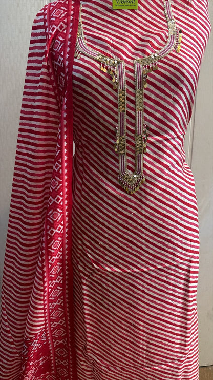 Rani Pink Leheriya Printed Kurta Pant Set with Dupatta
