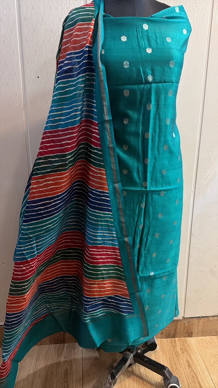 Teal Blue Printed Kurta Pant Set with Multicolor Striped Dupatta