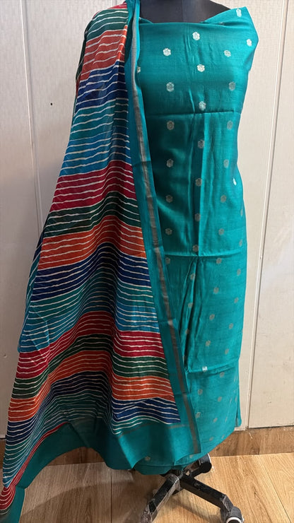 Teal Blue Printed Kurta Pant Set with Multicolor Striped Dupatta