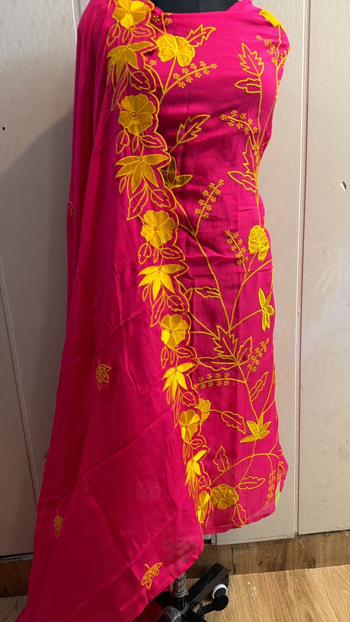Hot Pink Floral Embroidered Kurta Set with Golden Detailing
