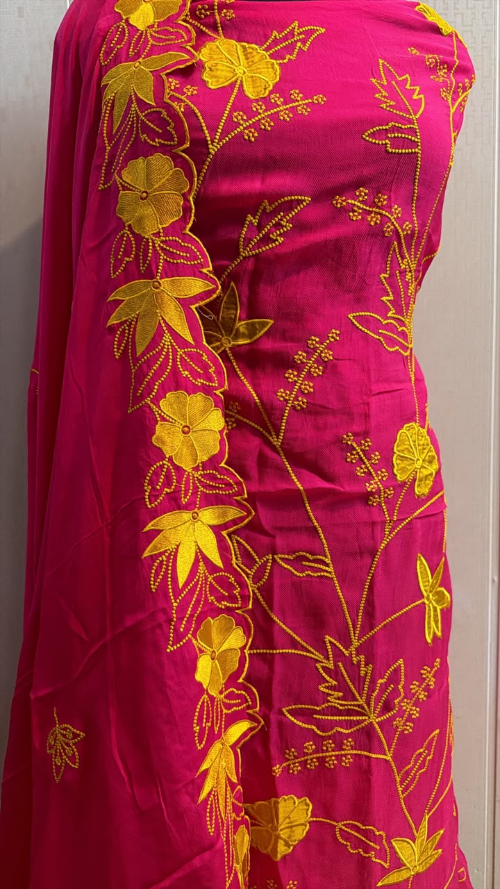 Hot Pink Floral Embroidered Kurta Set with Golden Detailing