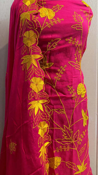 Hot Pink Floral Embroidered Kurta Set with Golden Detailing