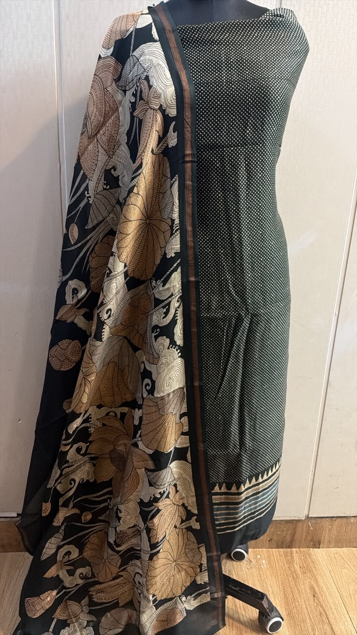 Black Olive Floral Printed Kurta Pant Set with Dupatta
