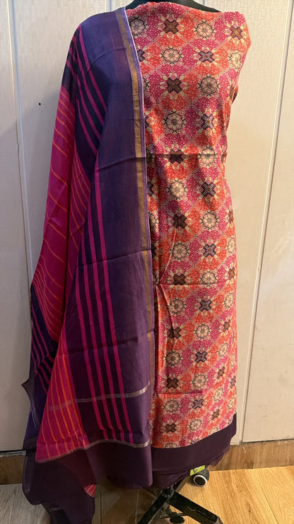 Multicolor Pink Purple Printed Kurta Pant Set with Dupatta