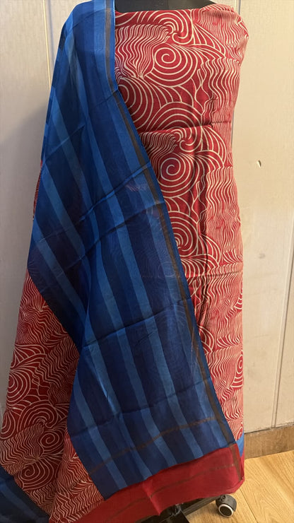 Red Blue Printed Kurta Pant Set with Blue Striped Dupatta