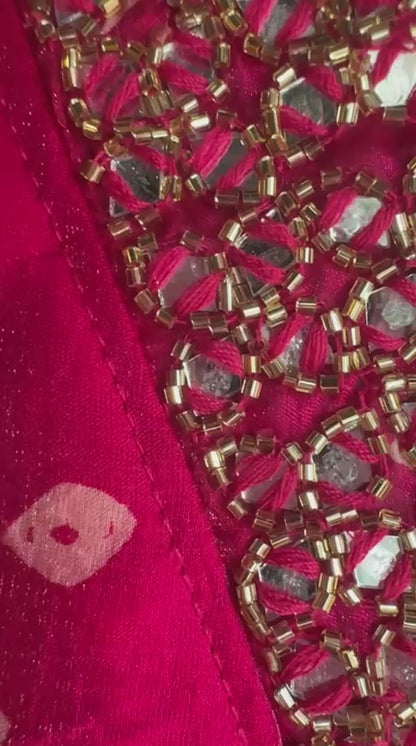 Magenta Pink Tissue Bandhni Print Suit with Embroidery